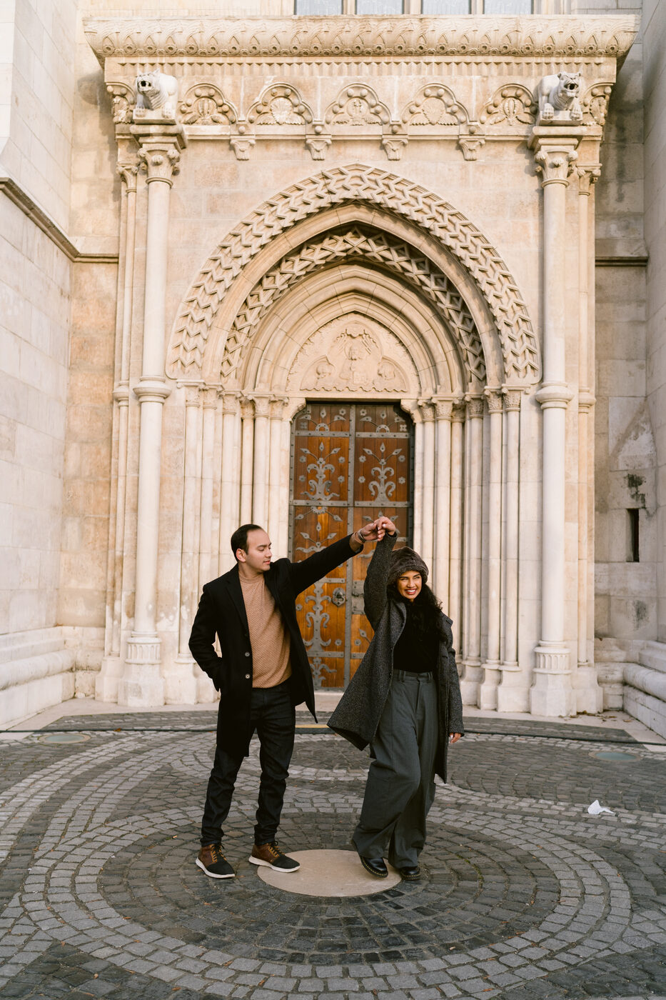 Twirling at the cathedral door